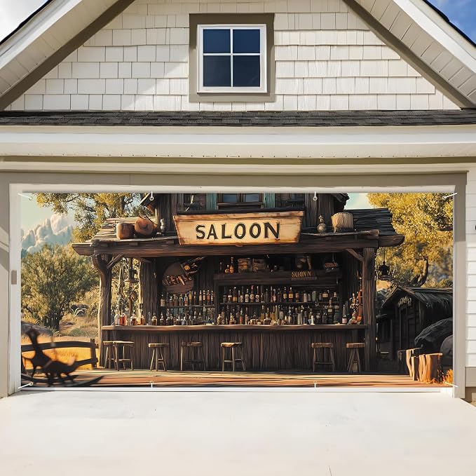 ANNA QUEEN Saloon Garage Door Banner 6x13FT, Western Bar Garage Door Cover by ANNAQUEEN