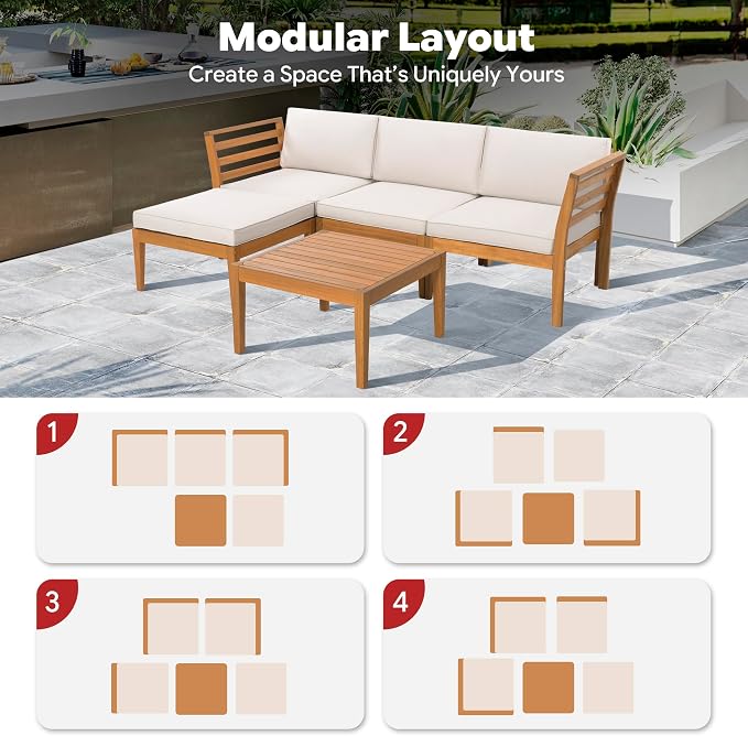 5-Piece Acacia Wood Patio Sectional Set, L-Shaped Outdoor Sofa Garden Couch - Image 7