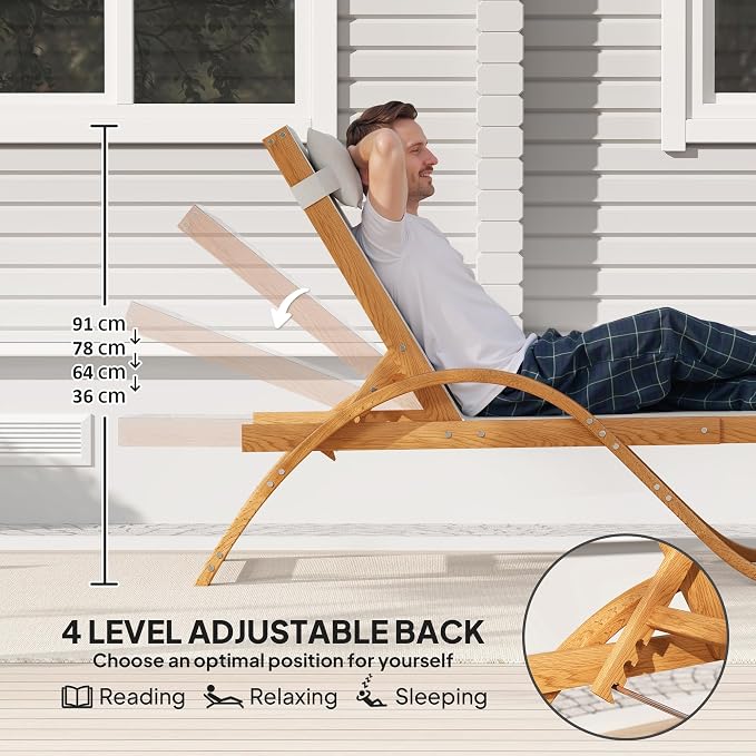Outsunny Larch Wood Lounge Chair, 4-Level Adjustable Tanning Chair, Full Flat - Image 5