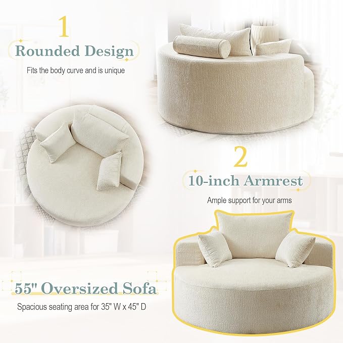 Oversized Round Chaise Longue Chair Indoor, Modern 55-inch Upholstered Chenille - Image 5