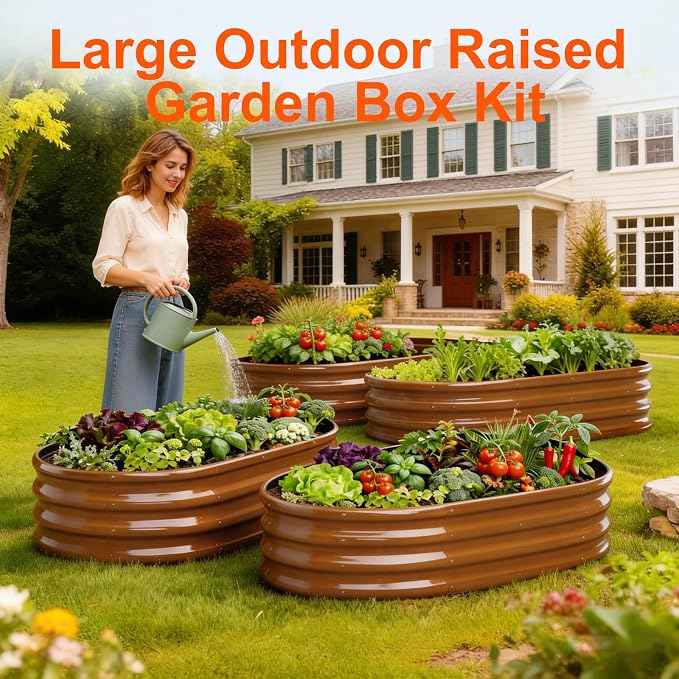 Raised Garden Bed Outdoor 2 Sets Oval Large Coating Metal Planter Box - Image 2
