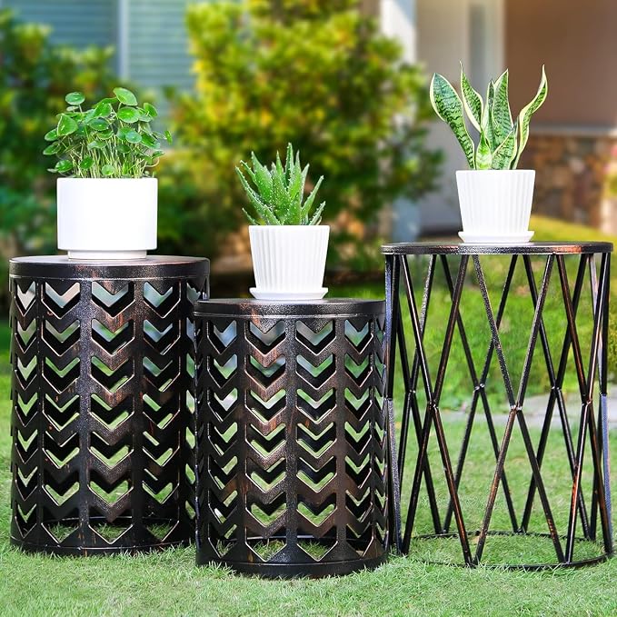 Y&M Set of 3 Black with Bronze End Tables, Nesting Metal Round Coffee Table - Image 3