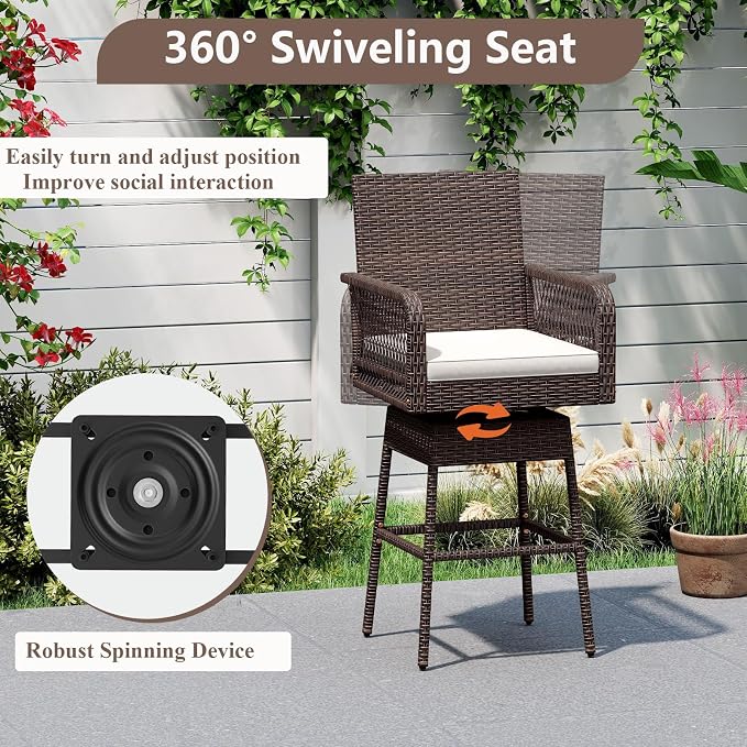 COSTWAY Outdoor Wicker Bar Stools Set of 3, Armrest and Backrest, Patio Bar - Image 5