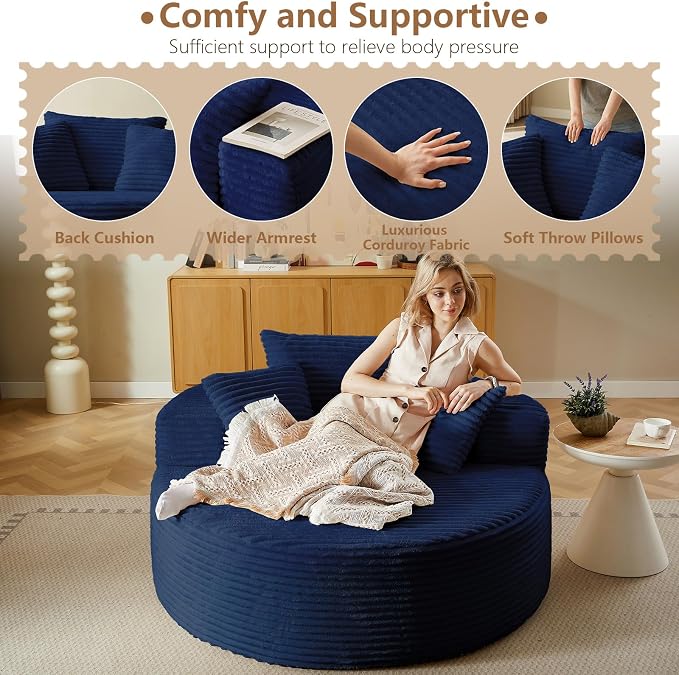 Oversized Round Chair Lounge Chaise Indoor, Upholstered Corduroy Deep Seat - Image 7