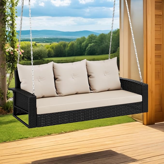 YITAHOME 3-Seats Outdoor Hanging Porch Swing Chair Rattan Black Wicker Patio by YITAHOME