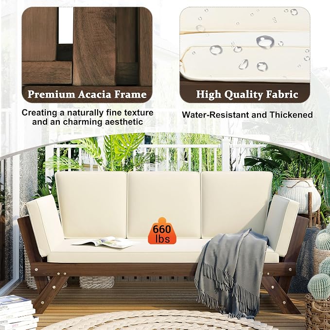 Merax Patio Sofa, Outdoor Adjustable Wooden Daybed, Chaise Lounge - Image 4