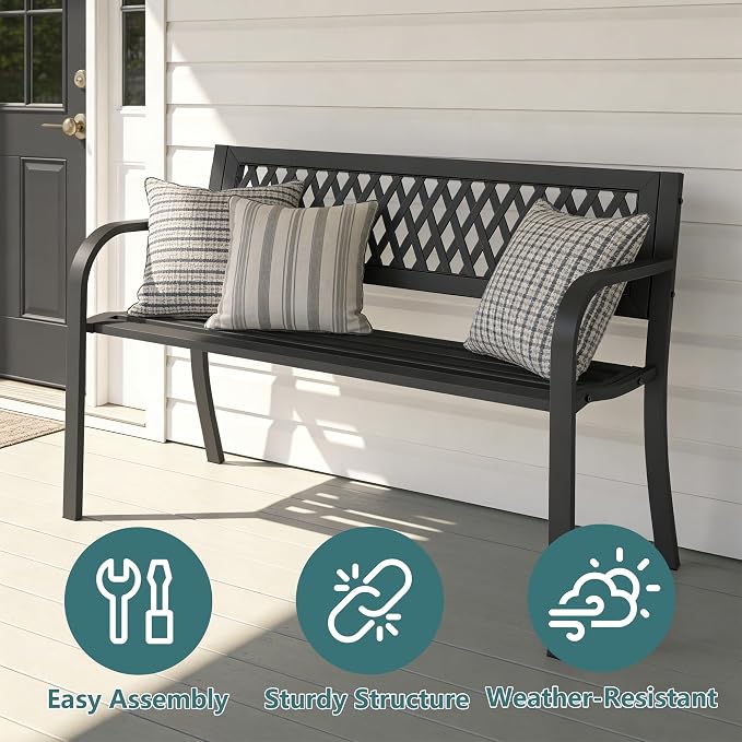Outdoor Garden Bench, Weatherproof Metal Park Bench - Image 6