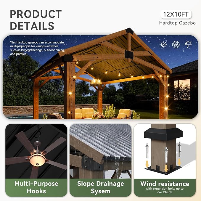 Aoxun 10' x 12' Outdoor Wood Gazebo - Image 5