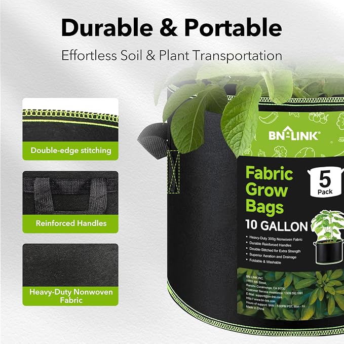 BN-LINK 5-Pack 10 Gallon Grow Bags, Heavy Duty Aeration Fabric Pots - Image 3