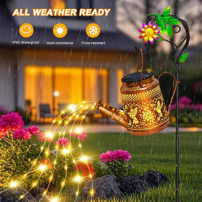 2 Packs Solar Watering Can Lights Hummingbird Garden Decor, Hanging Lanterns - Image 9