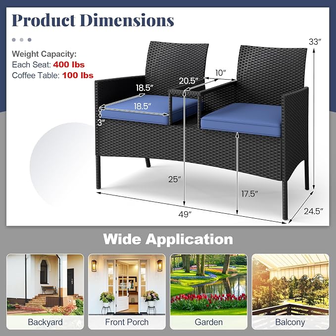 Tangkula Patio Loveseat with Built-in Table, Wicker 2-Seat Furniture with Soft - Image 8