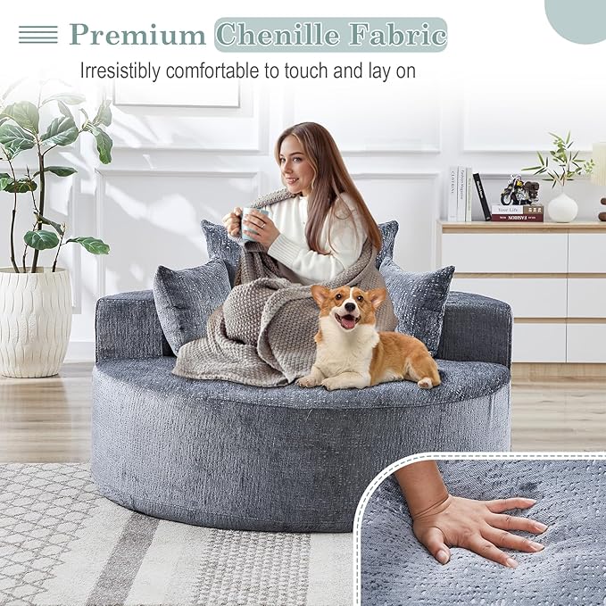 Oversized Round Chaise Longue Chair Indoor, Modern 55-inch Upholstered Chenille - Image 6