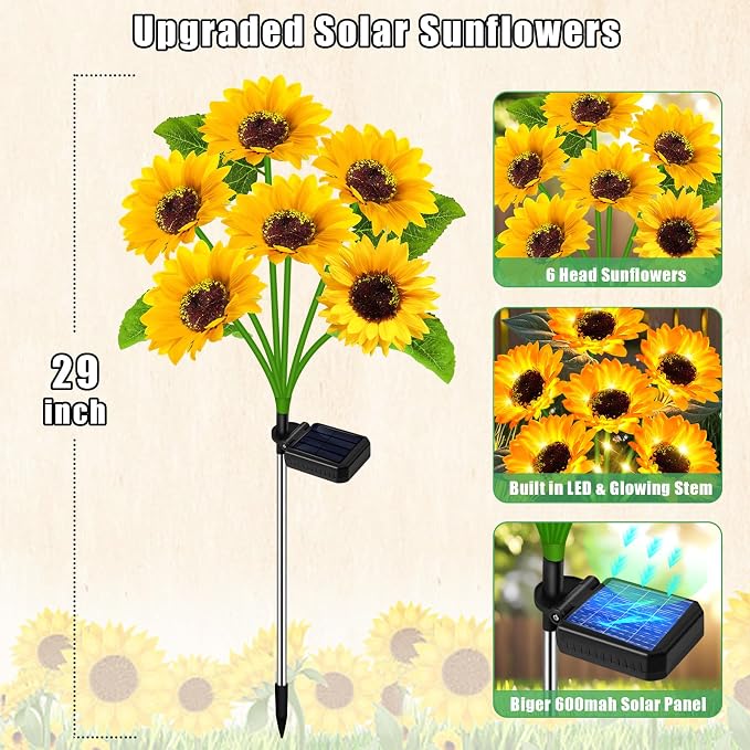 Solar Sunflower Lights Outdoor Flower Lights, 6 Pack 36 Sunflower Waterproof - Image 2