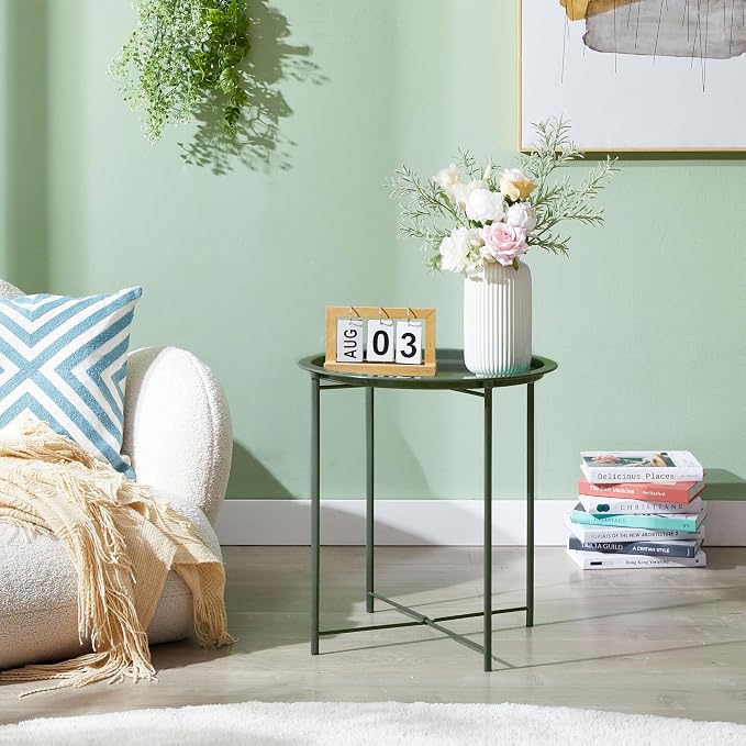 VECELO Side/End Table, Folding Round Metal Anti-Rust and Waterproof Outdoor or - Image 2