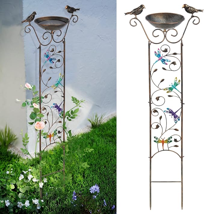 SUNNYPARK Bird Bath with Trellis Outdoor, Antique Garden Iron Plant Trellis by SUNNYPARK