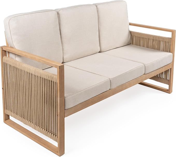 JONATHAN Y SFB1002A Gable 3-Seat Mid-Century Modern Roped Acacia Wood Outdoor by JONATHANY