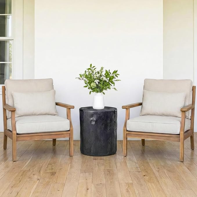 COSIEST Outdoor End Table Black Colored Faux Wood, Hand-Painted Wood Stump Stool - Image 2