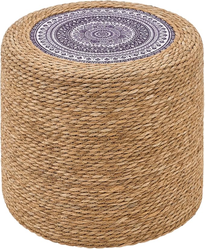 Wimarsbon Round Pouf Ottomans, Handwoven Natural Water Hyacinth Seagrass Pouffe by Wimarsbon