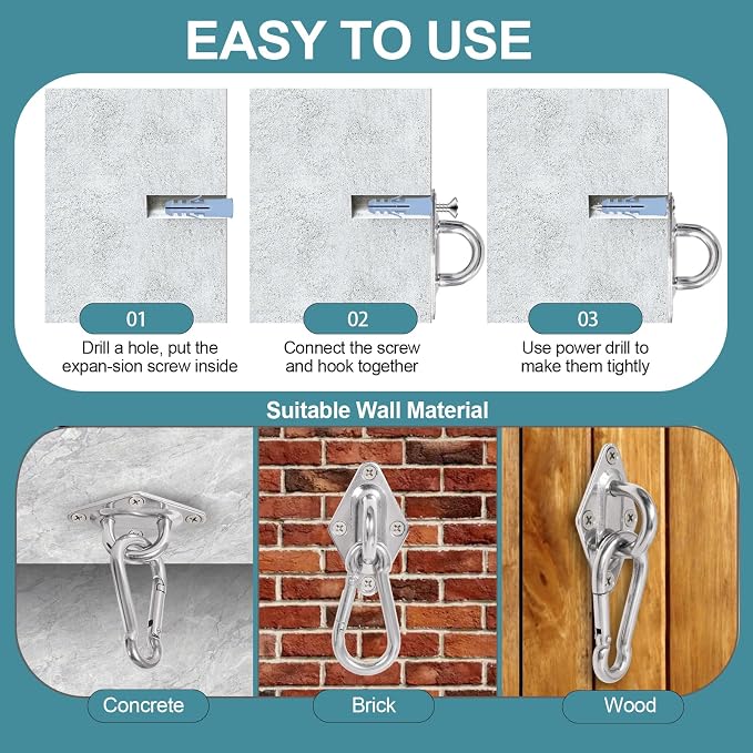 Hammock Hooks 4 Pack, Heavy Duty Hammock Hanging Kit, M10 304 Stainless Steel - Image 6