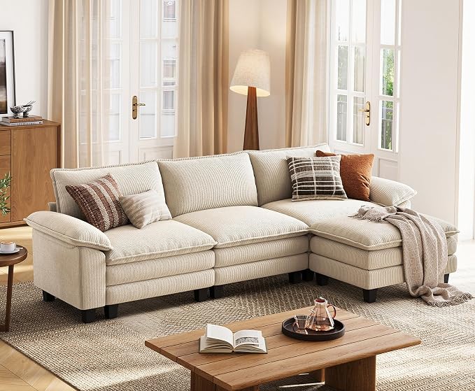 LINSY HOME 123'' Modular Sectional Sofa Beige Couch Corduroy Cloud Couches by LINSYHOME