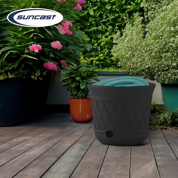 Suncast Lattice Hose Pot for Outdoor Garden Storage, Peppercorn - Image 5