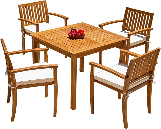 Flamaker 5 Piece Outdoor Dining Set Acacia Wood Patio Table and Chairs - Image 7