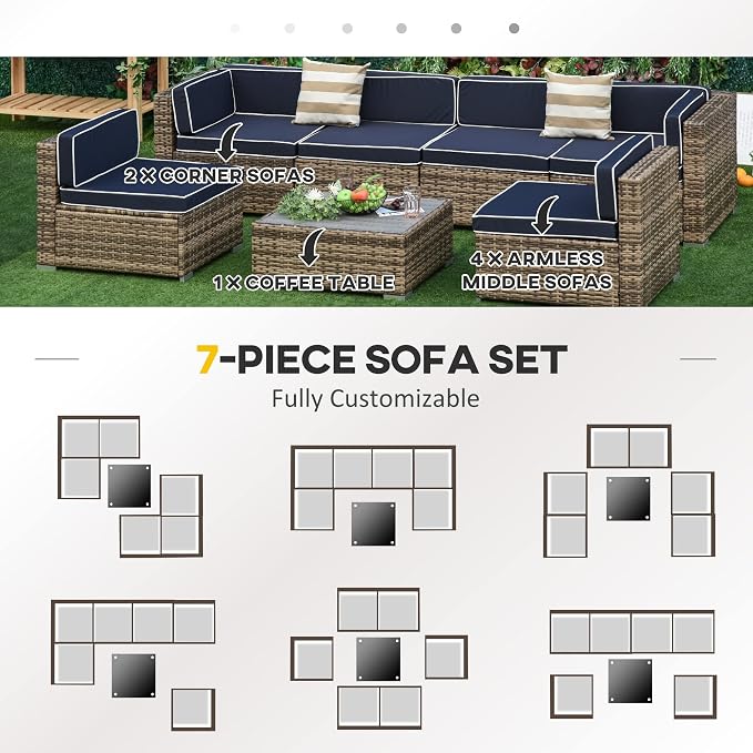 Outsunny 7 Piece Patio Furniture Set, Wicker Outdoor Sectional Sofa Set - Image 5
