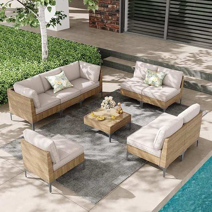 9 Piece Wicker Patio Furniture Set, Outdoor Conversation Sectional Sofa by JOYURE