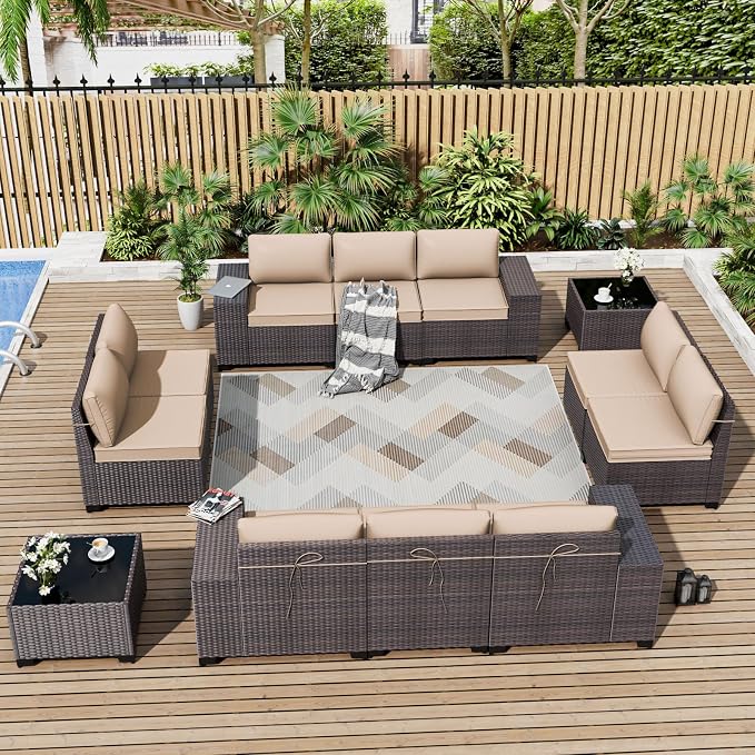 ALAULM 12 Pieces Outdoor Patio Furniture Set Sectional Sofa Sets Brown PE by ALAULM