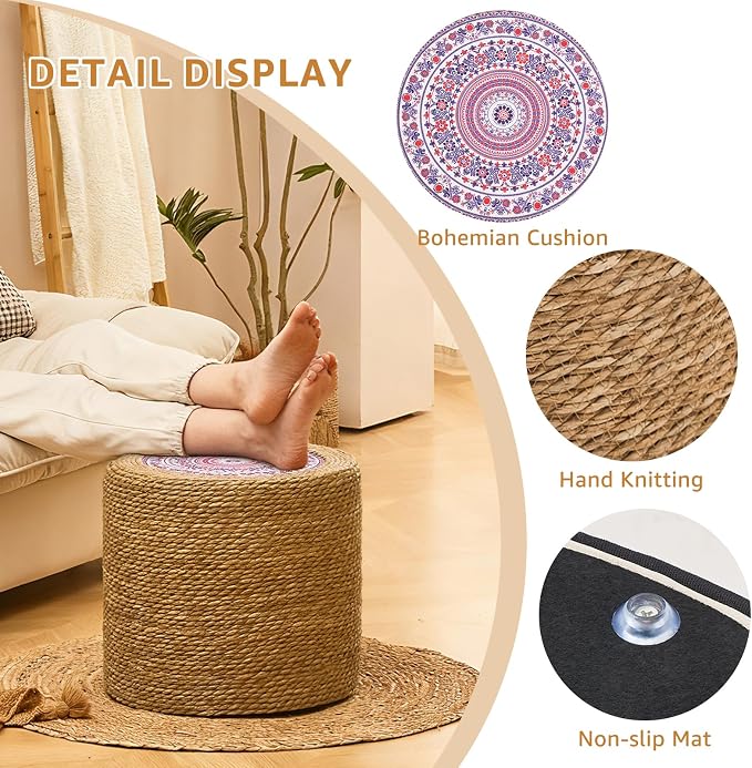 Wimarsbon 18'' Ottoman Pouf, Natural Braided Poof, Rustic Handweave Lounge - Image 6
