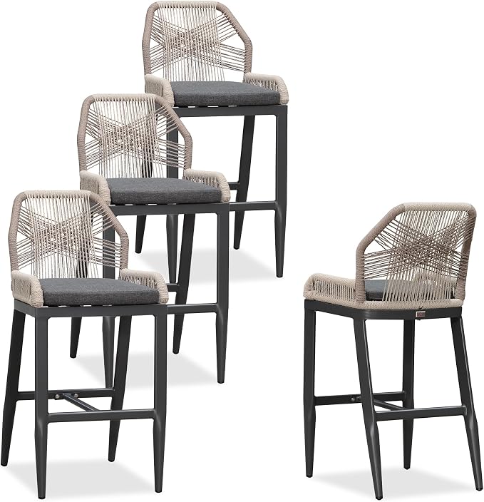 PURPLE LEAF Patio Bar Stool Bar Height Set of 4 Outdoor Rattan Chairs by PURPLELEAF