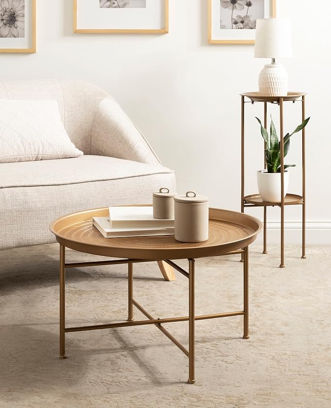 Kate and Laurel Mahdavi Boho-Chic Hammered Metal Tray Coffee Table, Dark Gold - Image 4