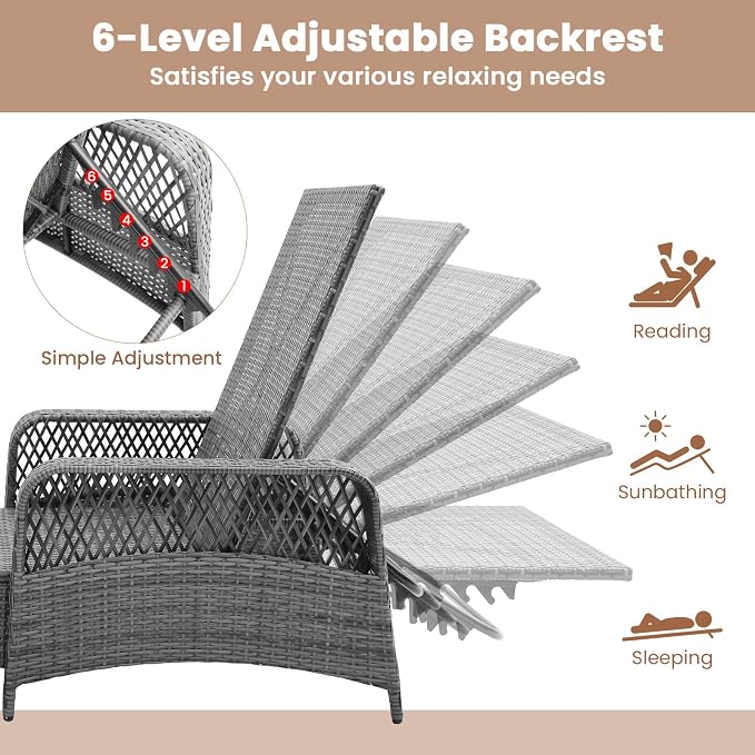 Tangkula Wicker Chaise Lounge Outdoor, Patio Rattan Reclining Chaise - Image 5