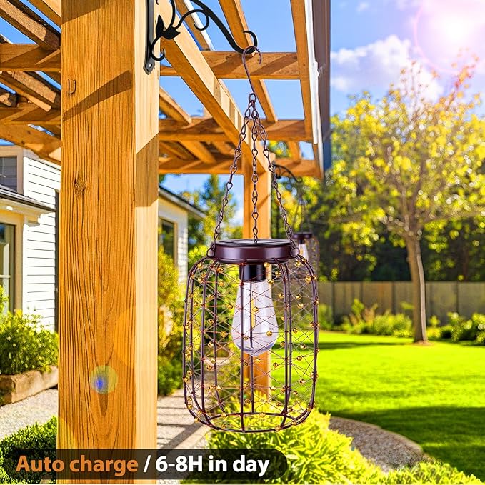 Hanging Solar Lanterns Outdoor Waterproof, Vintage Copper Hanging Lantern Lights - Image 4