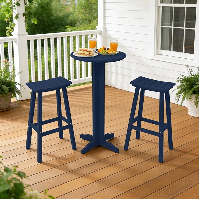 3-Piece Outdoor Bar Table Set, HDPE Patio Dining Set, 1 Round Bar Table & 2 Bar - Image 2