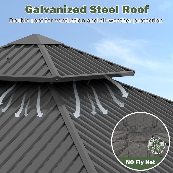 10'x10' Hardtop Wood Gazebo, Outdoor Double Roof Galvanized Steel Top Gazebo - Image 5