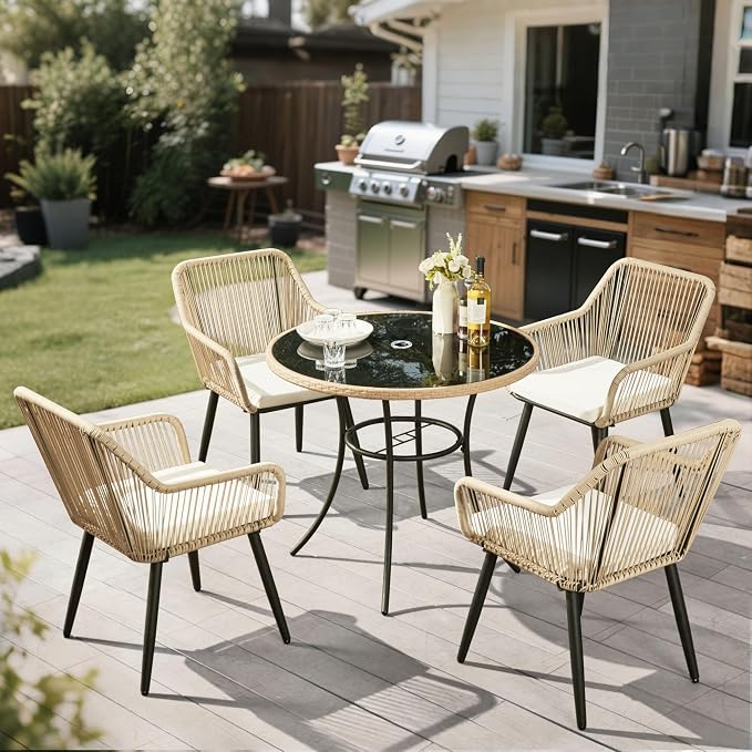 ECOTOUGE 5 Piece Patio Dining Set, Wicker Outdoor Furniture Set w/Glass Table by ECOTOUGE