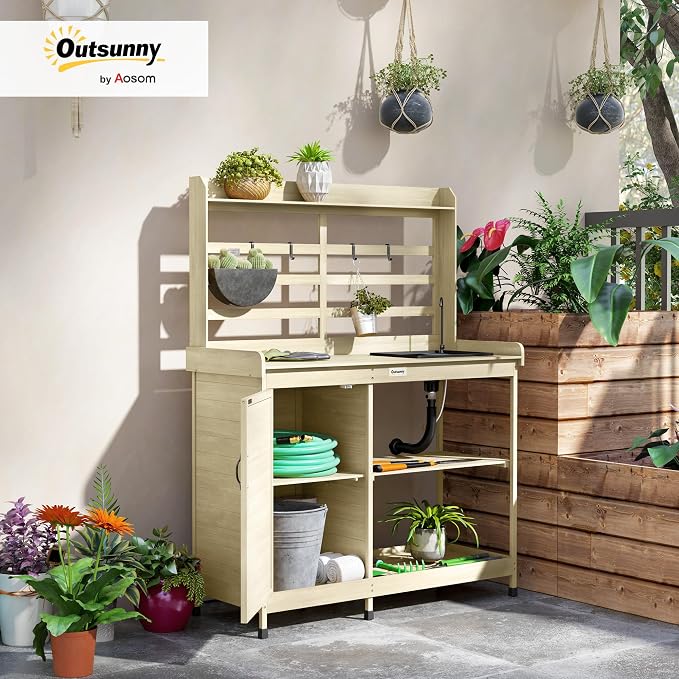 Outsunny Outdoor Wooden Potting Bench Table - Image 2