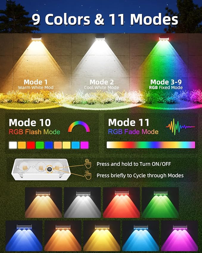 Solar Fence Lights Outdoor, 8 Pack, 9 Fixed Colors ＆ Color Changing LED Light - Image 2