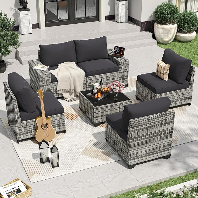 Aoxun 6 Pieces Patio Furniture Set Wicker Rattan Outdoor Sectional Conversation - Image 2