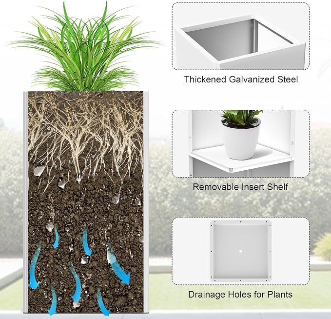 Galvanized Steel Metal Planter, 26 Inch White Square Outdoor Planters - Image 7