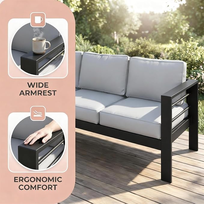 Kiss the Water Outdoor Couch Aluminum Patio Furniture Sofa, 3 Seat All-Weather - Image 4