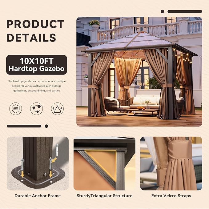 Aoxun 10'x10' Hardtop Gazebo, Outdoor Metal Gazebo - Image 6