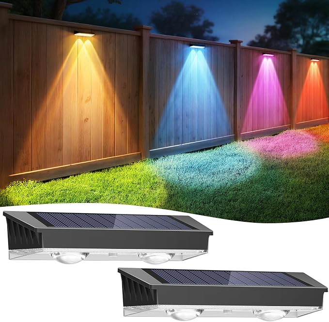 Fence Lights Solar Powered 2 Pack, Warm White & RGB & Color Changing Solar by APILAB