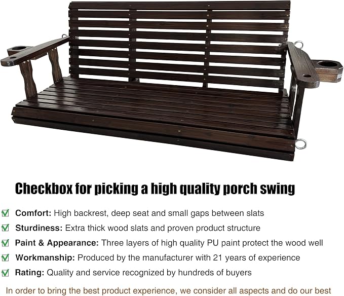 Fortune Candy Wooden Porch Swing 3-Seater, High Backrest and Deep Seat - Image 4