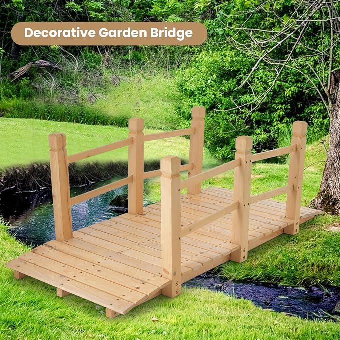 HAPPYGRILL 5FT Wooden Garden Bridge, Decorative Pond Landscaping Bridge - Image 2