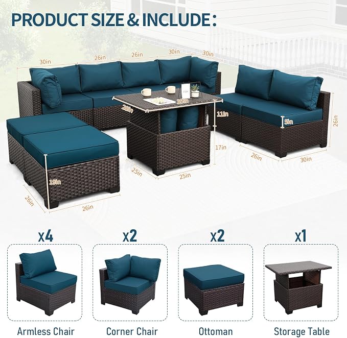 9 Pieces Wicker Patio Furniture Set Outdoor PE Rattan Sectional Conversation - Image 3
