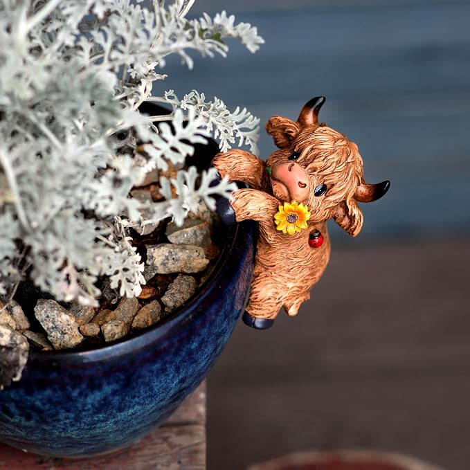 CXYCzsbjCute Rock Climbing Highland Bull Statue Flowerpot Hugging Device - Image 7
