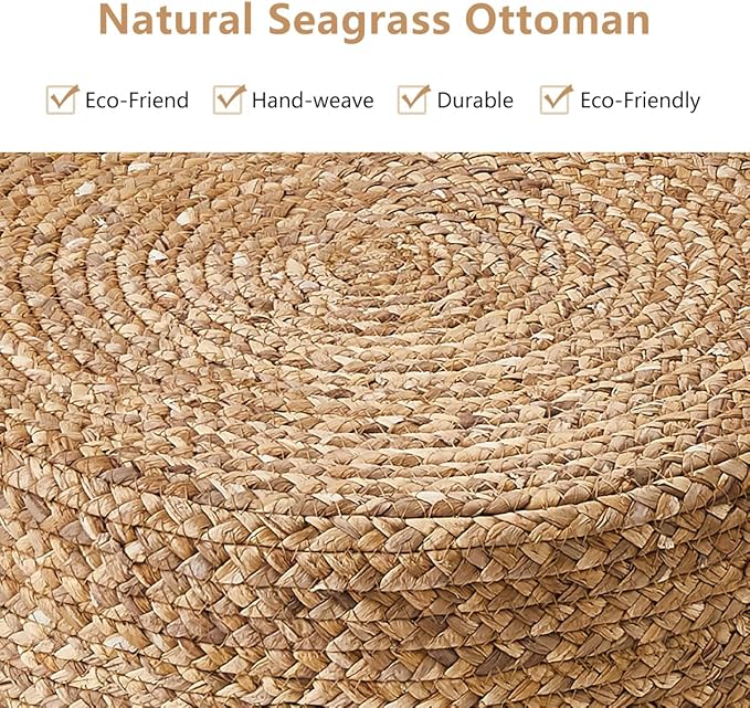 Wimarsbon Foot Stool Ottoman Round Natural Seagrass Footrest Stool Hand-Woven - Image 5