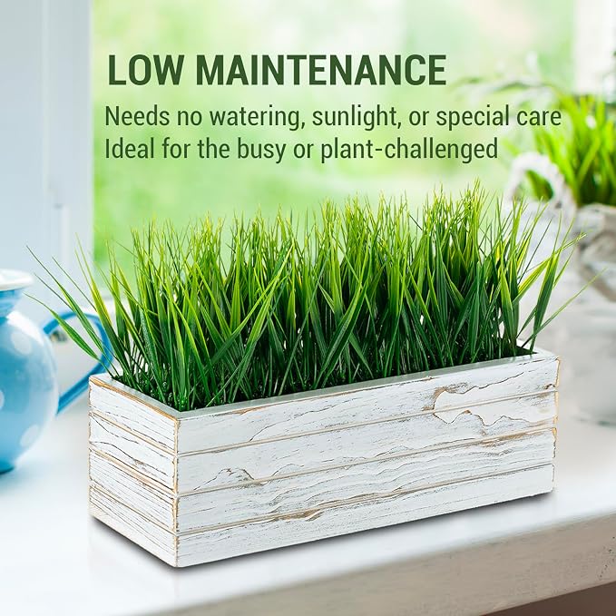 MyGift 14 Inch Artificial Green Grass Plant in Shabby White Washed Wood Planter - Image 3